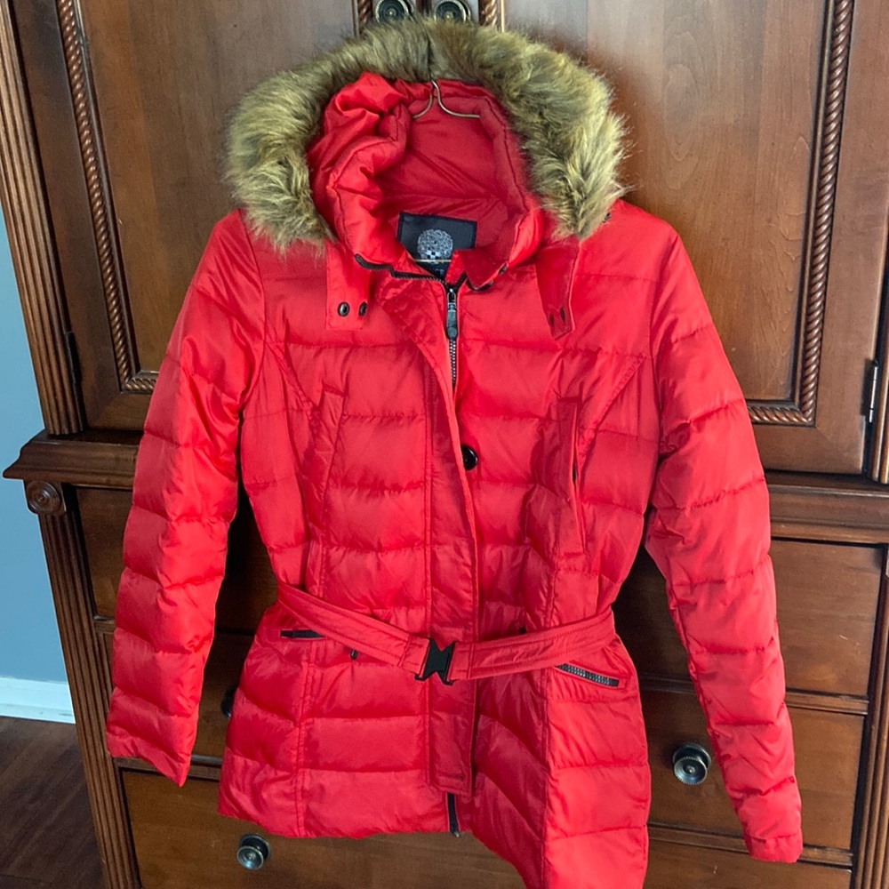 Vince Camuto red fur hooded coat with belt. Excellent condition